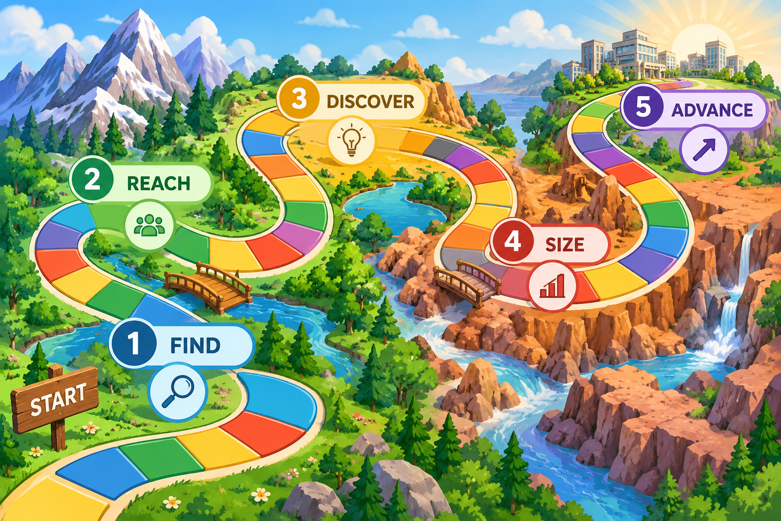 Illustrated winding five-stage physician origination journey: FIND, REACH, DISCOVER, SIZE, ADVANCE